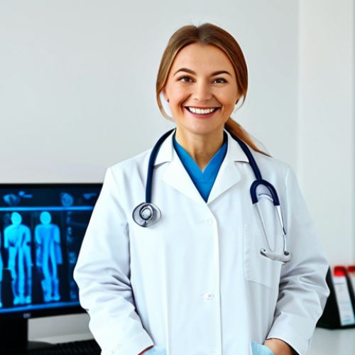 Home 22 **
A professional female doctor in a modern, brightly lit clinic office in Moscow, fully clothed in a white coat and scrubs, smiling warmly. She is standing next to a computer displaying medical information. The background includes medical equipment and a blurred view of other staff members. Perfect anatomy, correct proportions, natural pose, safe for work, appropriate content, professional, fully clothed, modest.
**