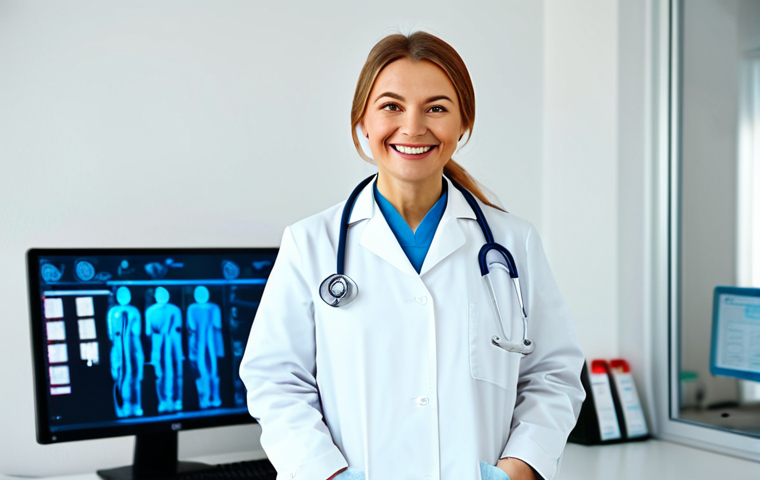 **

A professional female doctor in a modern, brightly lit clinic office in Moscow, fully clothed in a white coat and scrubs, smiling warmly. She is standing next to a computer displaying medical information. The background includes medical equipment and a blurred view of other staff members. Perfect anatomy, correct proportions, natural pose, safe for work, appropriate content, professional, fully clothed, modest.

**