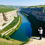 **

A scenic view of Old Orhei, Moldova.  A deep gorge with the Reut River winding through it.  Cliffs rise dramatically. In the foreground, a fully clothed tourist takes a photograph.  Clear blue sky.  Safe for work, appropriate content, fully clothed, professional photography, perfect anatomy, natural proportions, family-friendly.

**