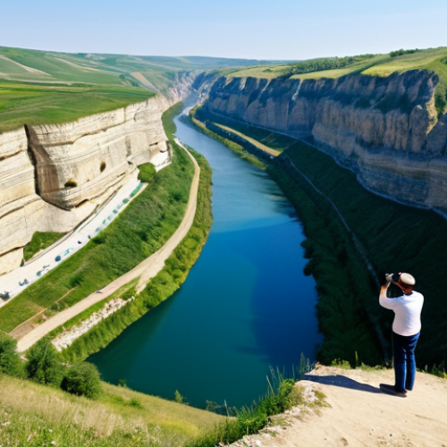 Home 21 **
A scenic view of Old Orhei, Moldova. A deep gorge with the Reut River winding through it. Cliffs rise dramatically. In the foreground, a fully clothed tourist takes a photograph. Clear blue sky. Safe for work, appropriate content, fully clothed, professional photography, perfect anatomy, natural proportions, family-friendly.
**