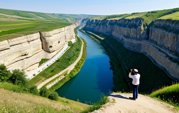 **

A scenic view of Old Orhei, Moldova.  A deep gorge with the Reut River winding through it.  Cliffs rise dramatically. In the foreground, a fully clothed tourist takes a photograph.  Clear blue sky.  Safe for work, appropriate content, fully clothed, professional photography, perfect anatomy, natural proportions, family-friendly.

**