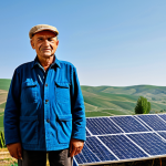Solar Power in a Moldovan Village**

A Moldovan farmer in appropriate attire standing proudly next to solar panels installed on the roof of his modest, traditional house. Rolling hills and vineyards in the background. Fully clothed, safe for work, professional photography, natural proportions, appropriate content, modest, family-friendly.

**
