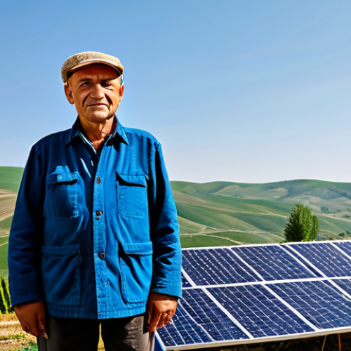 Home 9 Solar Power in a Moldovan Village**
A Moldovan farmer in appropriate attire standing proudly next to solar panels installed on the roof of his modest, traditional house. Rolling hills and vineyards in the background. Fully clothed, safe for work, professional photography, natural proportions, appropriate content, modest, family-friendly.
**