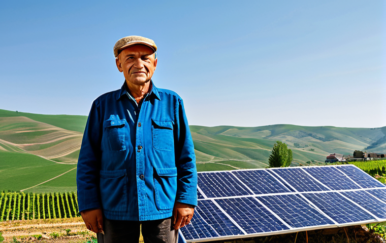 Solar Power in a Moldovan Village**

A Moldovan farmer in appropriate attire standing proudly next to solar panels installed on the roof of his modest, traditional house. Rolling hills and vineyards in the background. Fully clothed, safe for work, professional photography, natural proportions, appropriate content, modest, family-friendly.

**