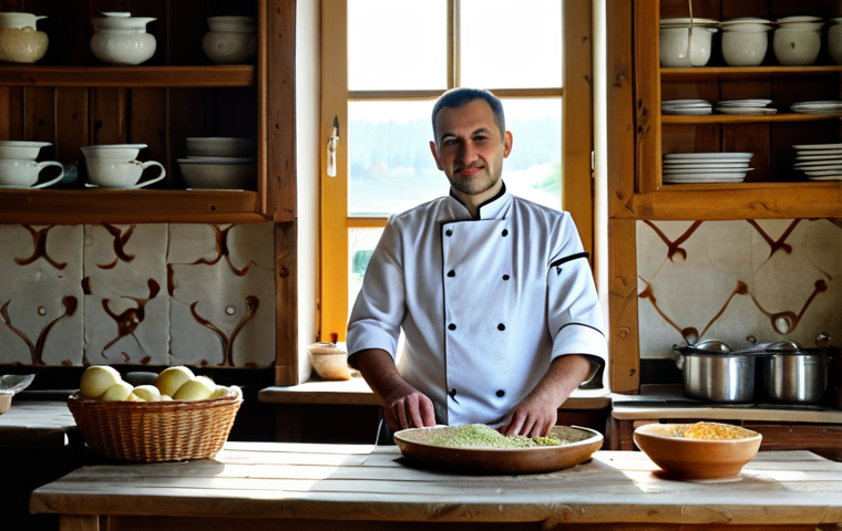 몰도바 주요 인물 - Culinary Tradition**

"A professional photograph of Chef Andrei in a rustic Moldovan kitchen, fully ...