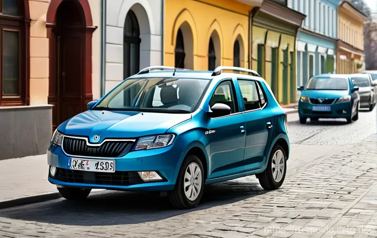 몰도바에서 자동차 렌트하기 - **Prompt:** A compact Dacia Logan or Skoda Fabia navigating smoothly through a bustling yet charming...