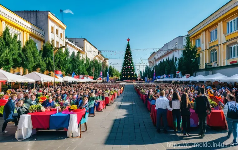 몰도바 독립 선언 - **Prompt:** "A vibrant, celebratory scene in a public square in Chisinau, Moldova, circa