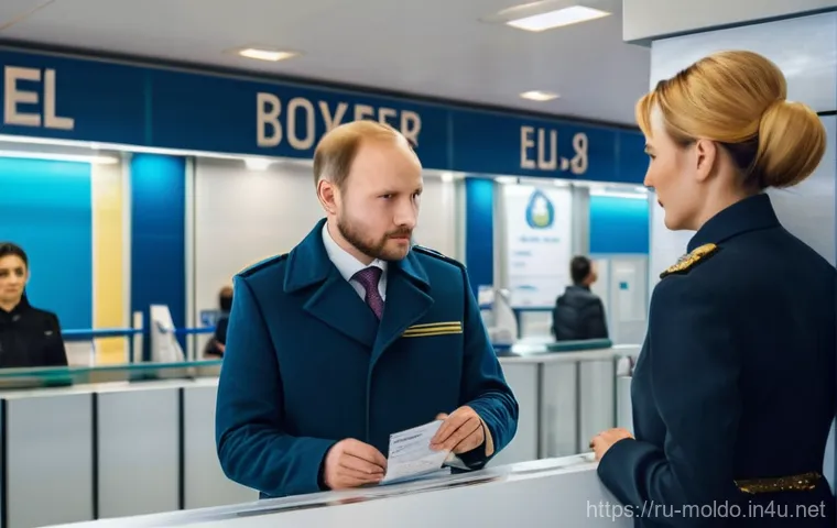 몰도바 입국 제한 사항 - **Prompt:** A Russian male traveler in his late 30s, dressed in smart casual attire, stands respectf...