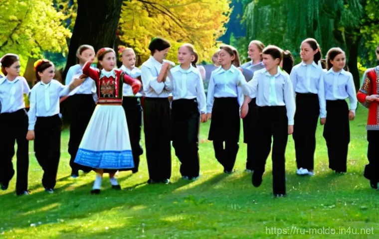 몰도바 소련 시절 - A vibrant, picturesque scene from the Moldavian SSR in the late 1960s. In the foreground, a group of...