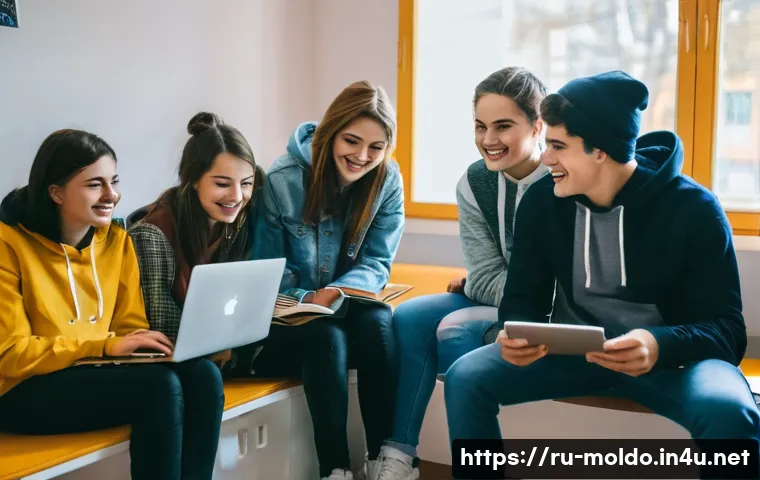 몰도바 유학 및 교육 - **Prompt:** "A vibrant scene depicting a diverse group of happy university students, aged 18-25, enj...