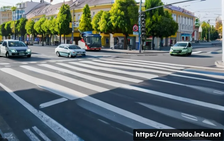 몰도바 도로 교통법 - A detailed street scene in Chișinău, Moldova, showing a busy urban road with multiple vehicles inclu...
