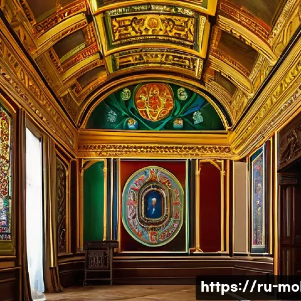 몰도바 국립미술관 - A richly detailed interior of a historic Moldovan museum hall, featuring classical paintings and por...