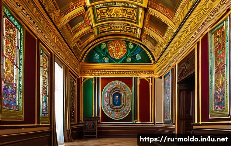 몰도바 국립미술관 - A richly detailed interior of a historic Moldovan museum hall, featuring classical paintings and por...