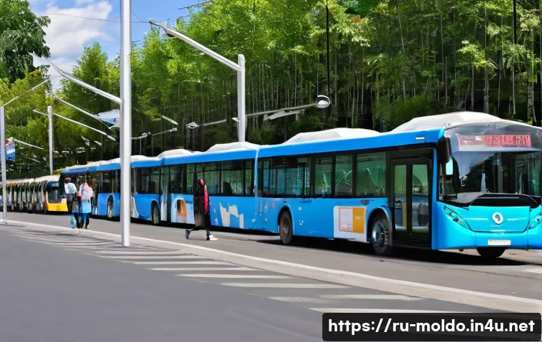 몰도바 대중교통 시스템 - A modern urban bus stop in Chisinau, Moldova, featuring sleek new buses equipped with air conditioni...