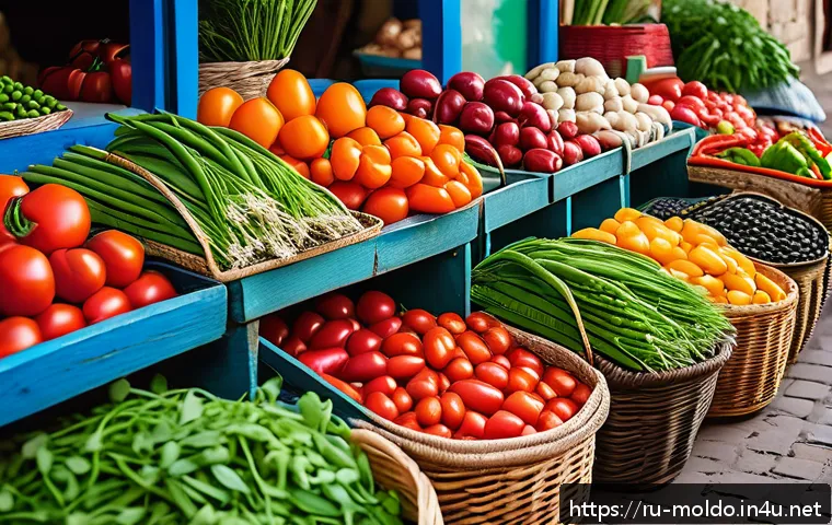 몰도바 채식 요리 - A vibrant Moldovan vegetarian market scene showcasing fresh seasonal vegetables and legumes: ripe re...