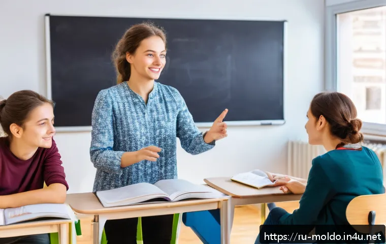 몰도바 어학연수 - A modern language school classroom in Moldova with a diverse group of adult students engaged in inte...