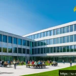 Home 22 몰도바 대학 순위 - A modern university campus in Moldova featuring a large, contemporary building with glass facades an...