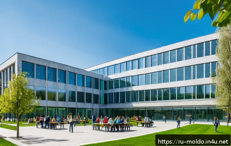 몰도바 대학 순위 - A modern university campus in Moldova featuring a large, contemporary building with glass facades an...