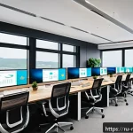 Home 19 몰도바의 한국 기업 진출 - A modern Moldovan startup office interior showcasing young professionals using advanced Korean CRM s...