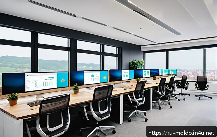 몰도바의 한국 기업 진출 - A modern Moldovan startup office interior showcasing young professionals using advanced Korean CRM s...