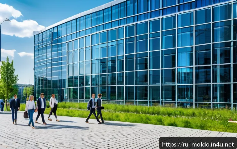 몰도바와 주변 국가 비교 - A detailed urban scene depicting the bustling IT sector in Warsaw, Poland: modern glass office build...
