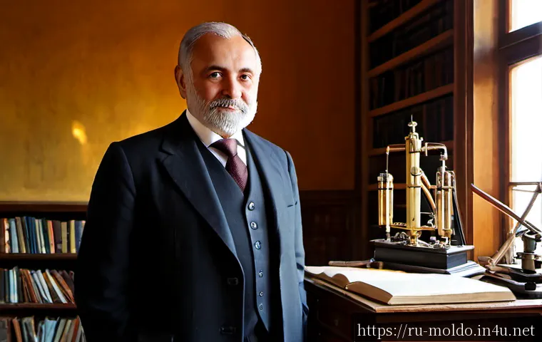 몰도바 노벨상 수상자 - Photorealistic portrait of a distinguished Moldovan-born scientist in a classic Chisinau study, stan...