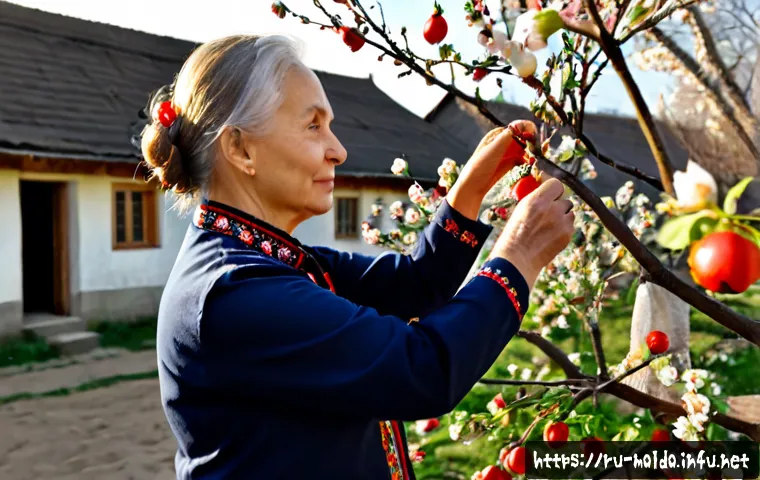 Home 17 몰도바 미신과 전통 관습 - Photorealistic Moldovan spring tradition, an elderly village woman in a traditional embroidered blou...